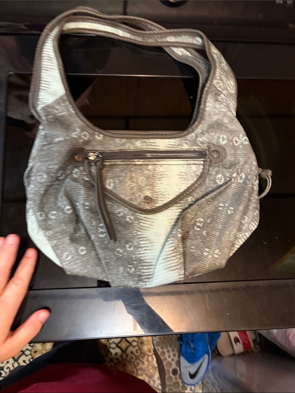 Gray Patterned Shoulder Hobo Bag with Front Zip Pocket